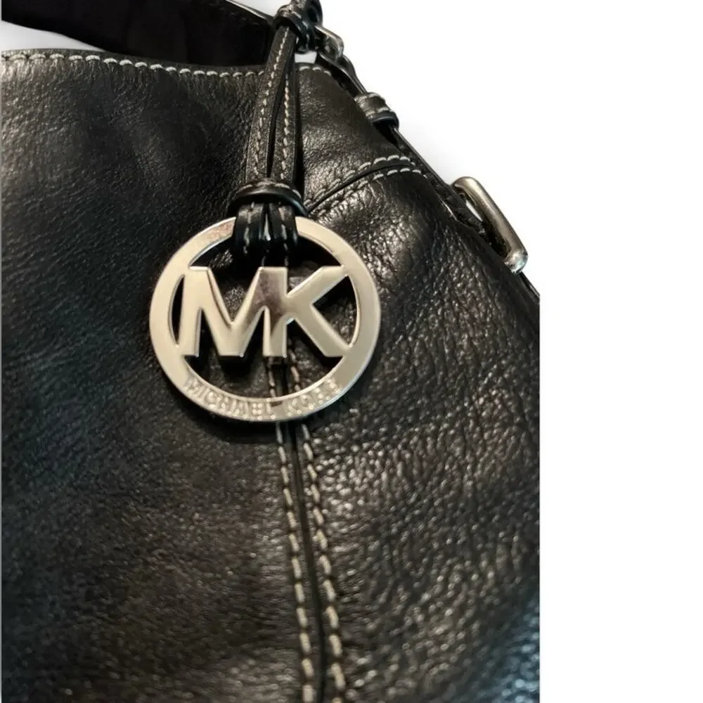 Michael Kors Brookville Large Black Leather Hobo Shoulder Bag w/Silver MK Charm